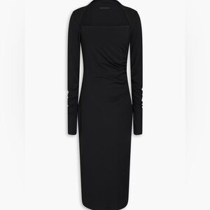 Helmut Lang ruched stretch black jersey midi dress.